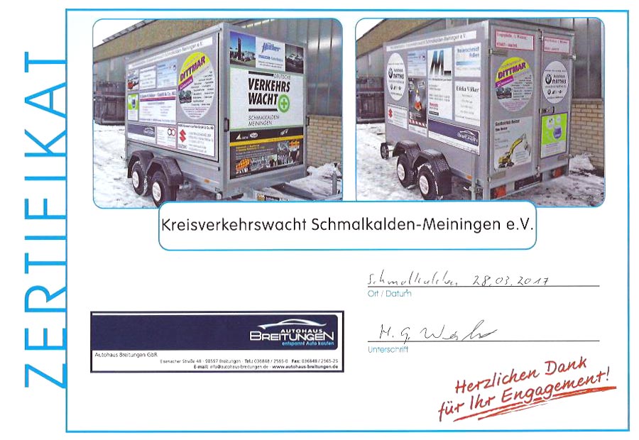 Zertifikat Kreisverkehrswacht Schmalkalden-Meiningen e. V.